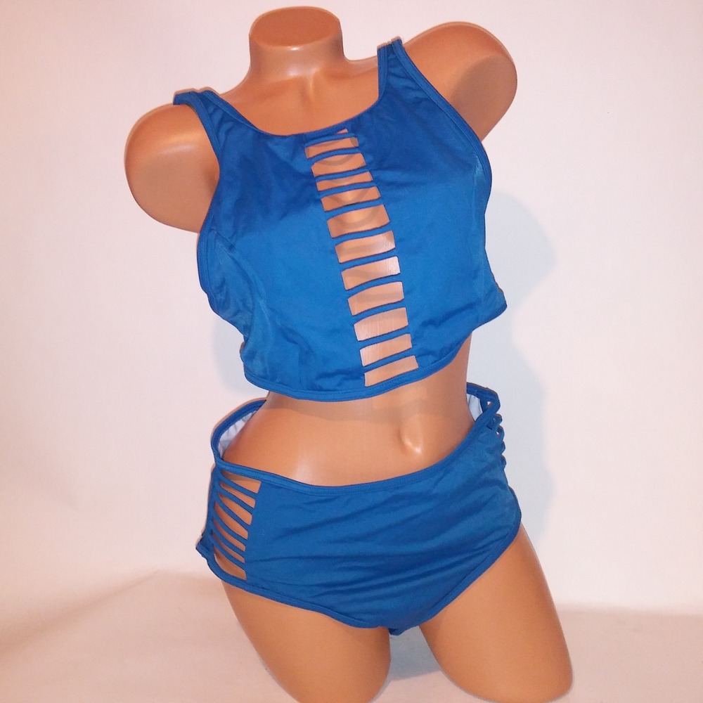 Venus Swim Bikini Size 16 Top & Bottom Blue Solid Strappy Center Wireless